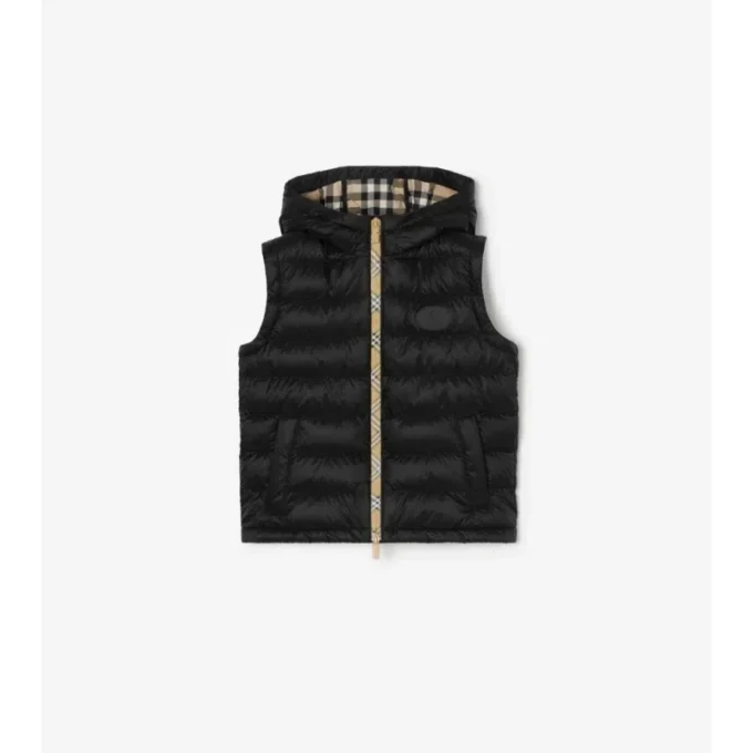 Gilet imbottito con cappuccio in nylon con nastro a quadri
