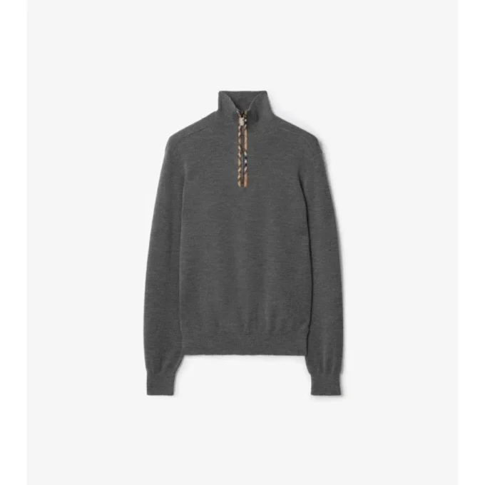 Maglione in lana con finiture a quadri e mezza zip