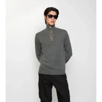 Maglione in lana con finiture a quadri e mezza zip