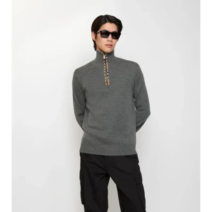 Maglione in lana con finiture a quadri e mezza zip