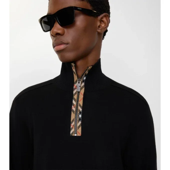 Maglione in lana con finiture a quadri e mezza zip