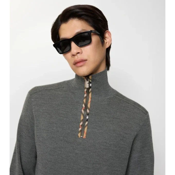 Maglione in lana con finiture a quadri e mezza zip