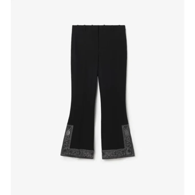 Pantaloni svasati corti in lana e seta ricamati