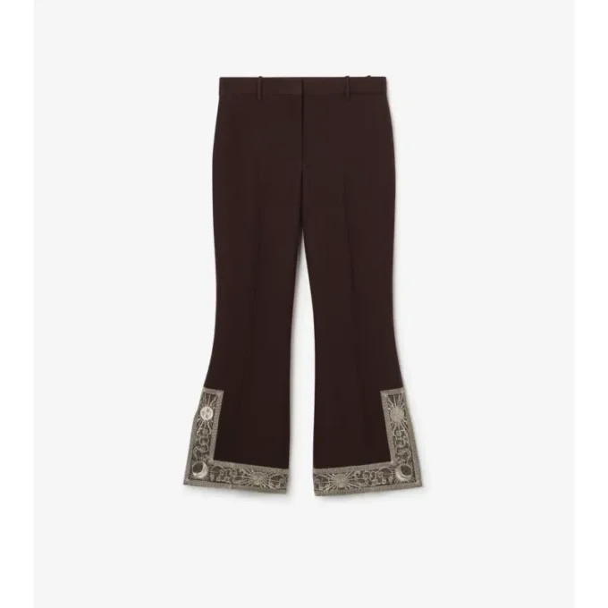 Pantaloni svasati corti in lana e seta ricamati