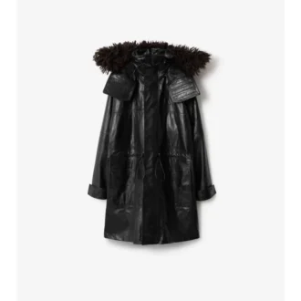 Parka in pelle con bordi sfrangiati staccabili