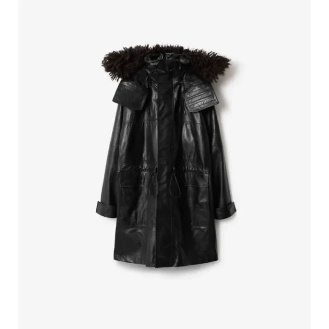 Parka in pelle con bordi sfrangiati staccabili