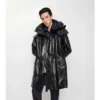 Parka in pelle con bordi sfrangiati staccabili