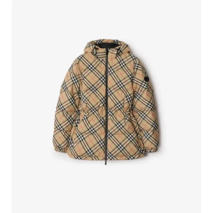 Piumino con cappuccio in nylon con motivo a quadri