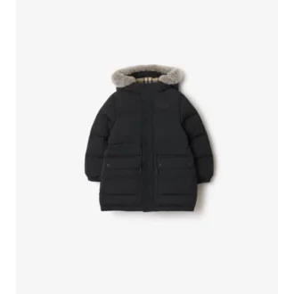Piumino in nylon con bordi in pelliccia sintetica