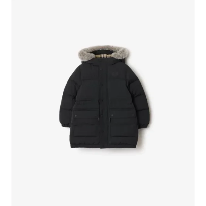 Piumino in nylon con bordi in pelliccia sintetica