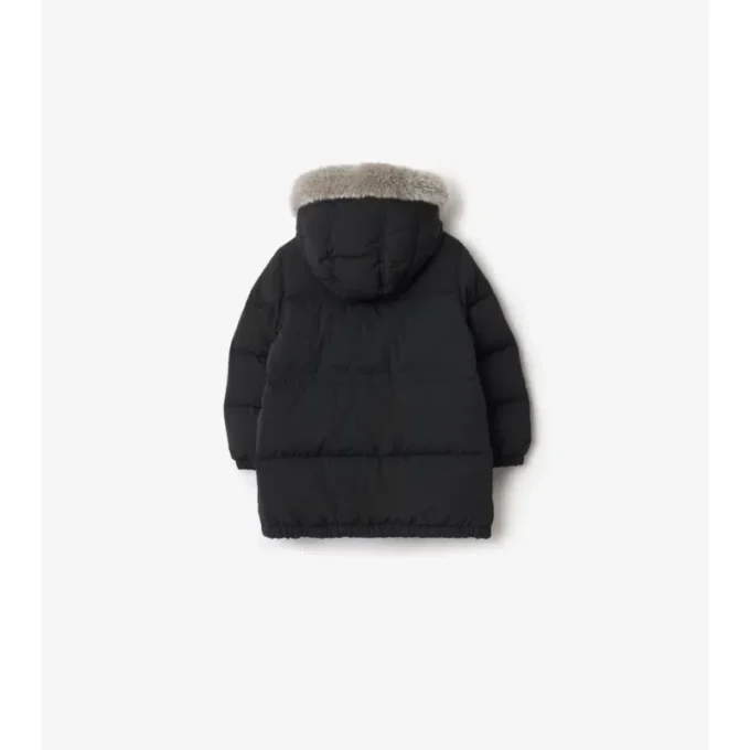 Piumino in nylon con bordi in pelliccia sintetica