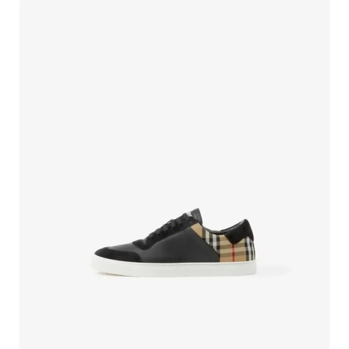 Sneakers in pelle, pelle scamosciata e motivo a quadri