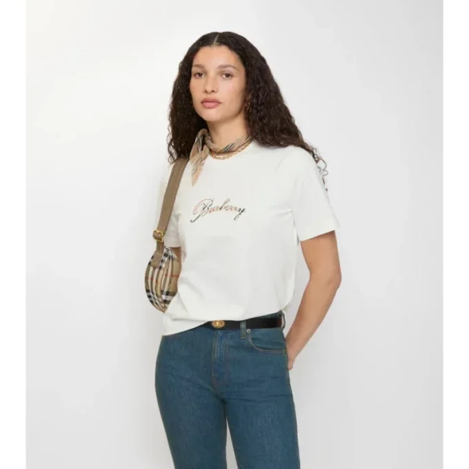 T-shirt in cotone con logo in corsivo a quadri
