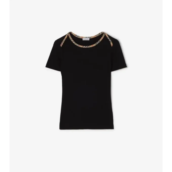 T-shirt in cotone elasticizzato con bordi a quadri