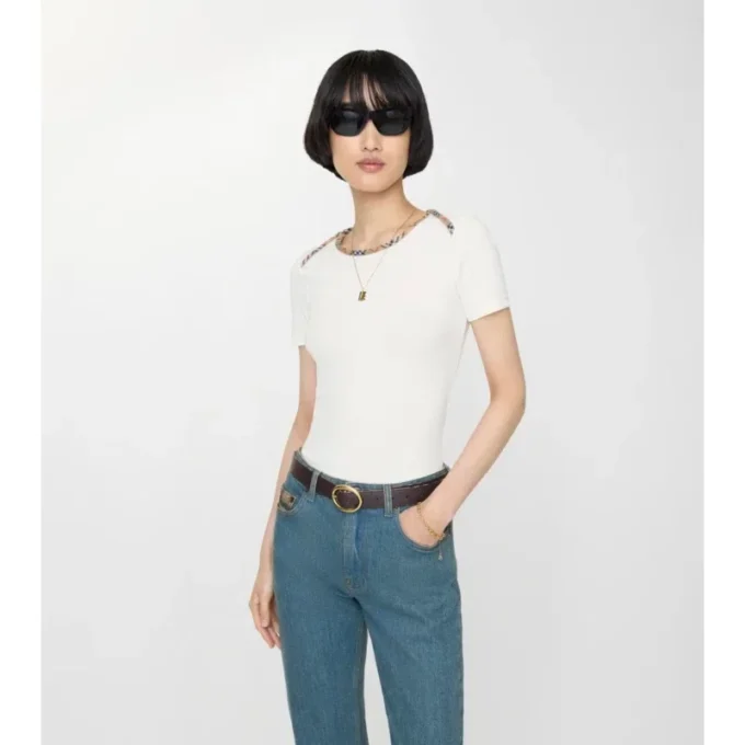 T-shirt in cotone elasticizzato con bordi a quadri
