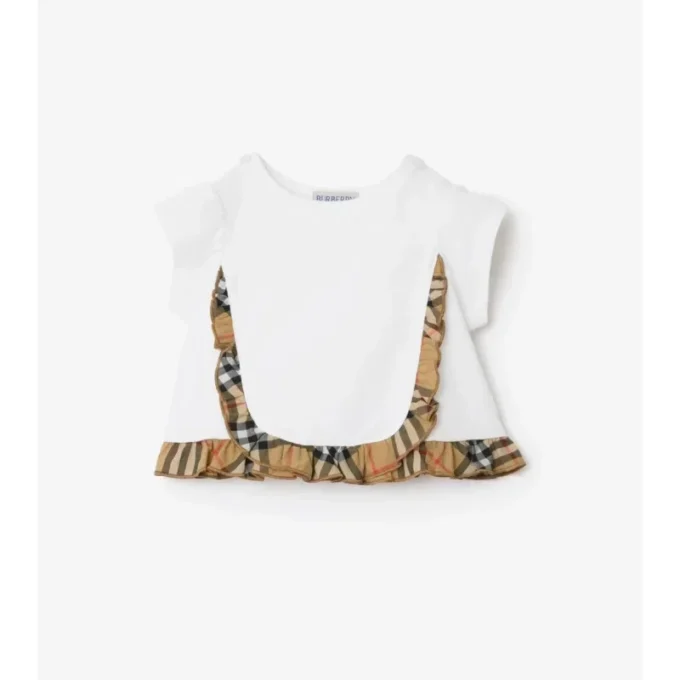 T-shirt in cotone elasticizzato con volant a quadri