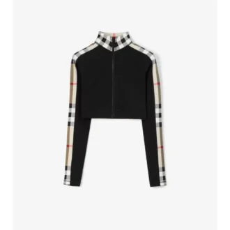 Top corto in jersey elasticizzato con zip e bordi a quadri
