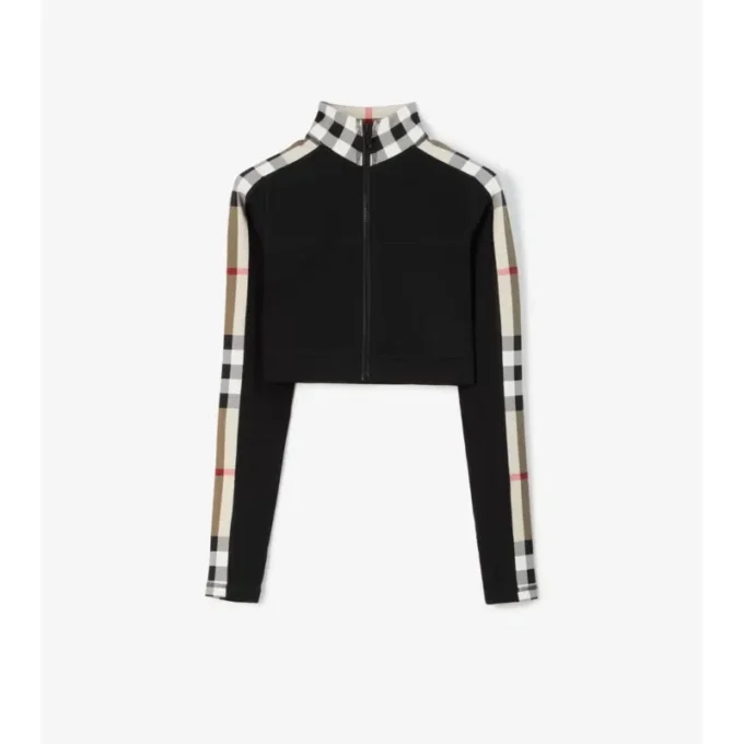 Top corto in jersey elasticizzato con zip e bordi a quadri