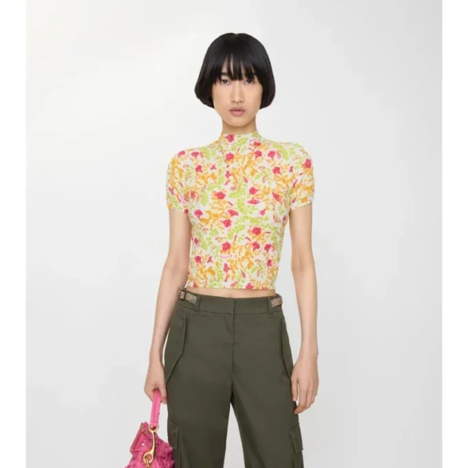 Top in misto cotone a motivi floreali