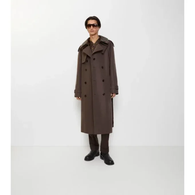 Trench Coat in cotone e seta con collo lungo a quadri