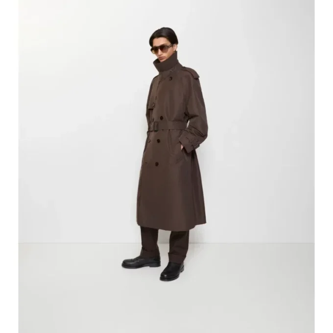 Trench Coat in cotone e seta con collo lungo a quadri