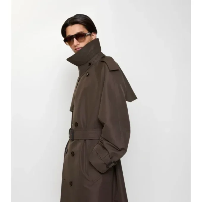 Trench Coat in cotone e seta con collo lungo a quadri