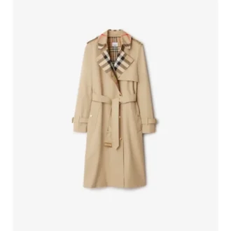 Trench Coat in gabardine a quadri con collo lungo