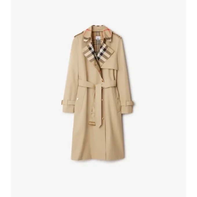 Trench Coat in gabardine a quadri con collo lungo