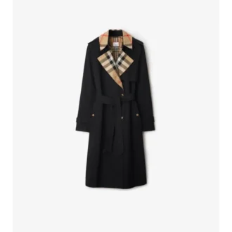 Trench Coat in gabardine a quadri con collo lungo