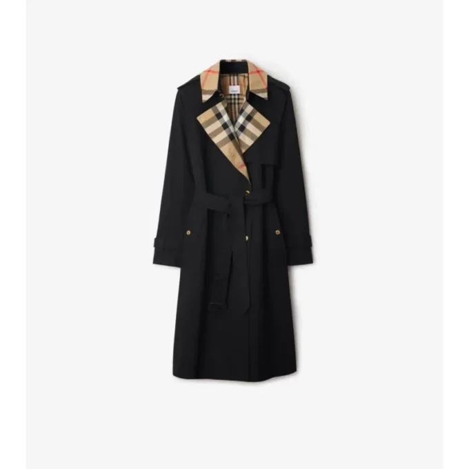 Trench Coat in gabardine a quadri con collo lungo