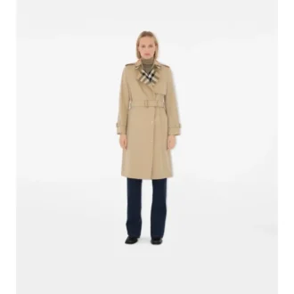 Trench Coat in gabardine a quadri con collo lungo