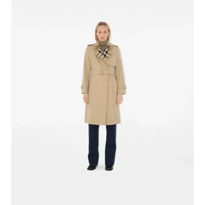 Trench Coat in gabardine a quadri con collo lungo