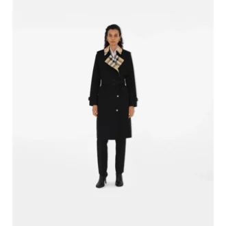 Trench Coat in gabardine a quadri con collo lungo