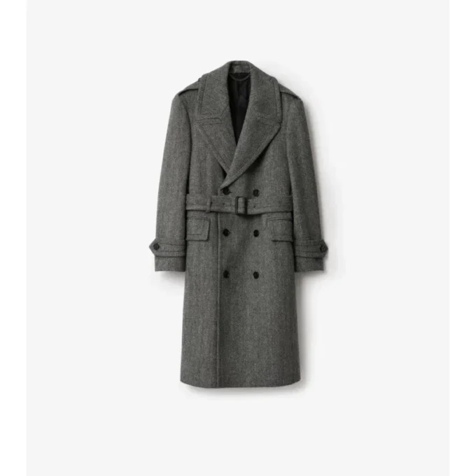Trench Coat lungo in lana a spina di pesce