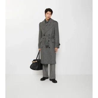 Trench Coat lungo in lana a spina di pesce