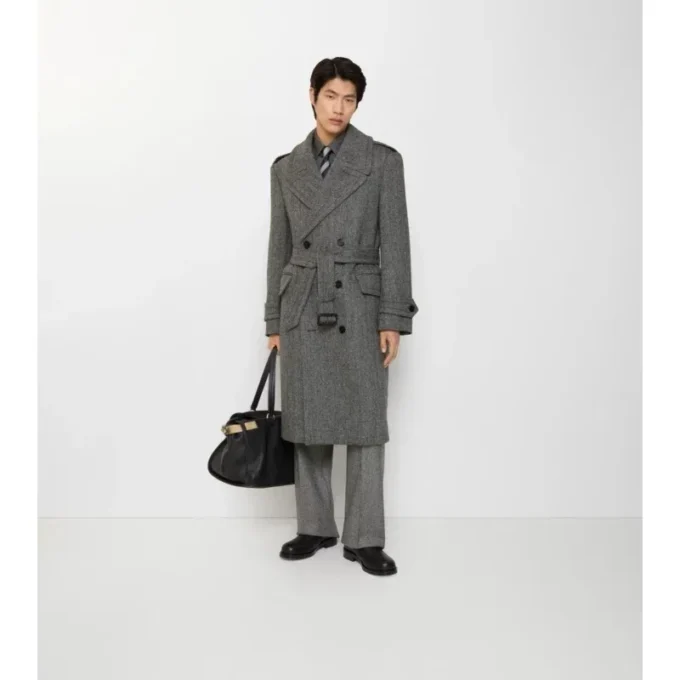 Trench Coat lungo in lana a spina di pesce