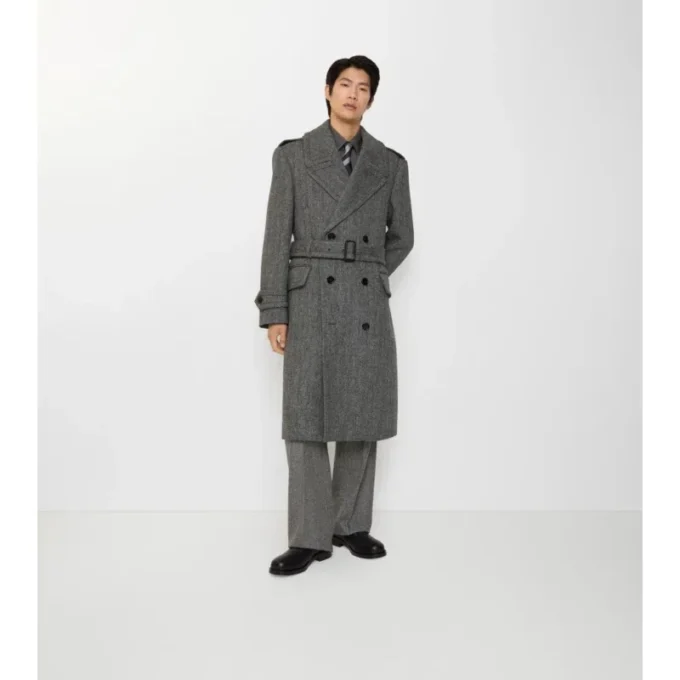 Trench Coat lungo in lana a spina di pesce