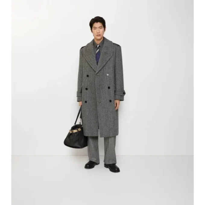 Trench Coat lungo in lana a spina di pesce