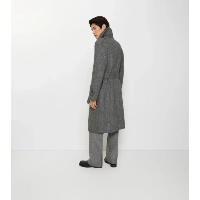 Trench Coat lungo in lana a spina di pesce