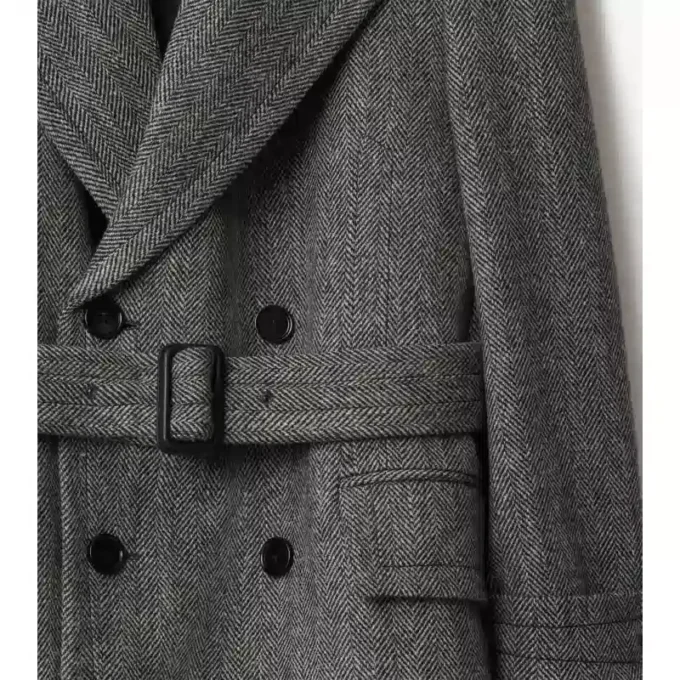 Trench Coat lungo in lana a spina di pesce