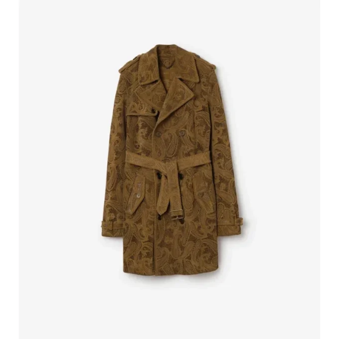 Trench Lawshall in pelle scamosciata con motivo Paisley di media lunghezza