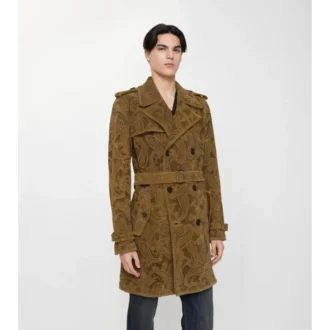 Trench Lawshall in pelle scamosciata con motivo Paisley di media lunghezza
