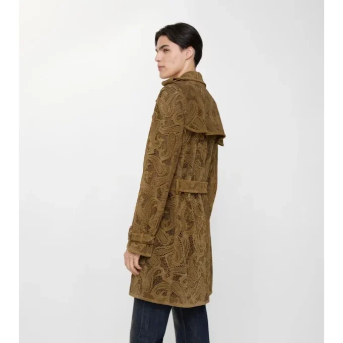 Trench Lawshall in pelle scamosciata con motivo Paisley di media lunghezza