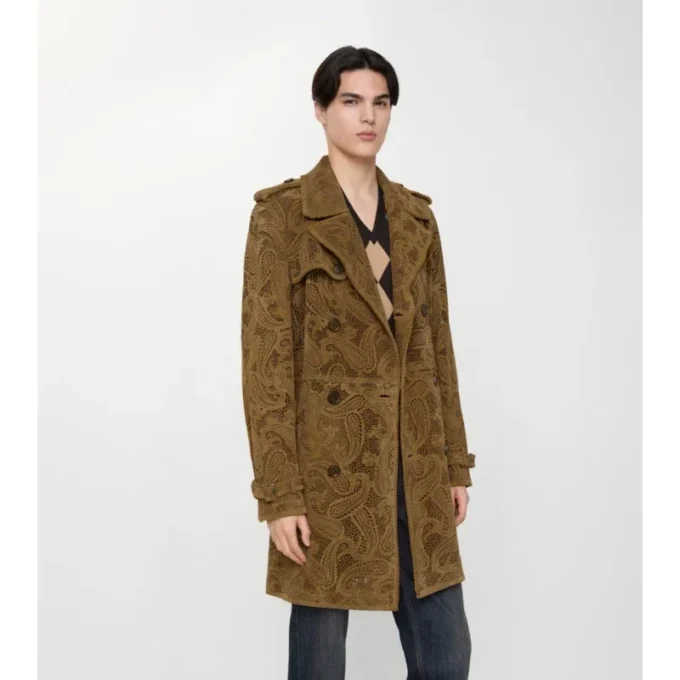 Trench Lawshall in pelle scamosciata con motivo Paisley di media lunghezza