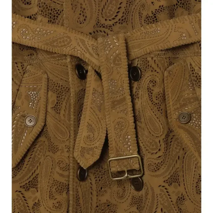 Trench Lawshall in pelle scamosciata con motivo Paisley di media lunghezza